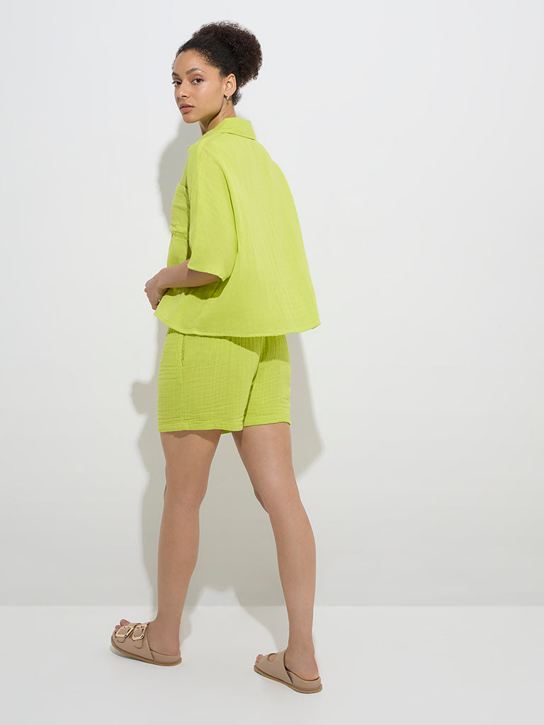 Westside Wunderlove Women's Neon Green Solid Cotton Beach Shirt for Beachwear Back View
