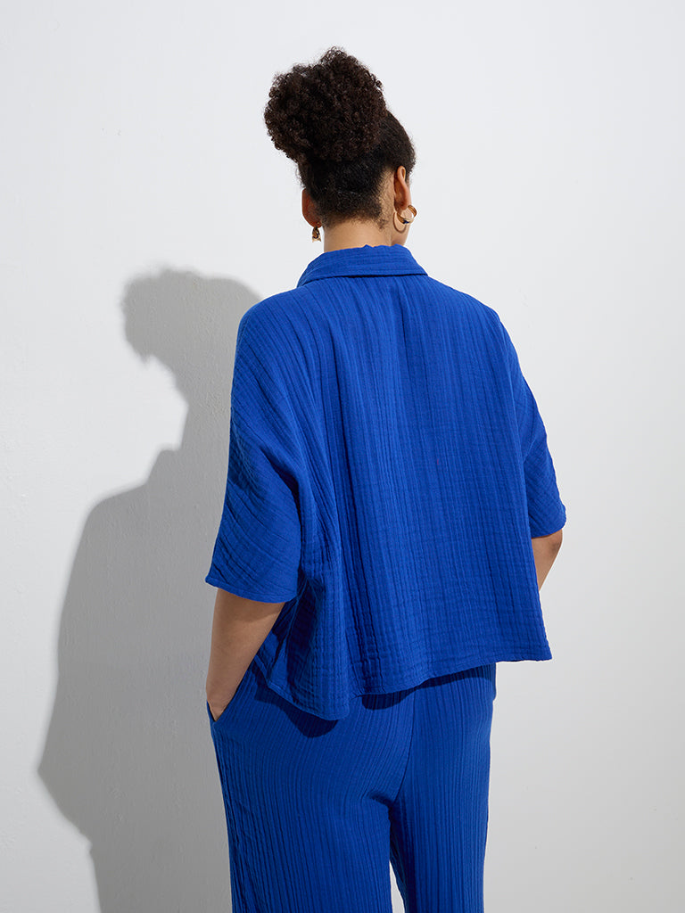 Westside Wunderlove Women's Blue Crinkle-Textured Cotton Beach Shirt for Beachwear Back View