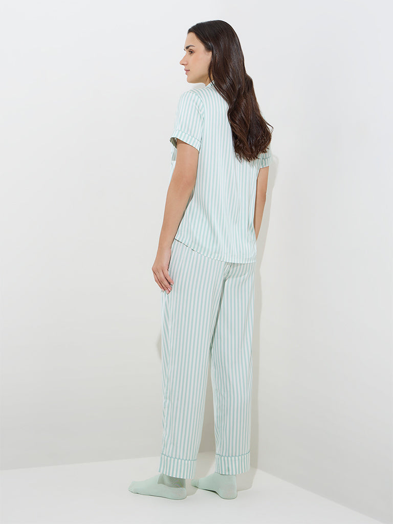 Westside Wunderlove Women's Sage Stripe Printed Shirt with Pyjamas Set for Casual Wear Back View
