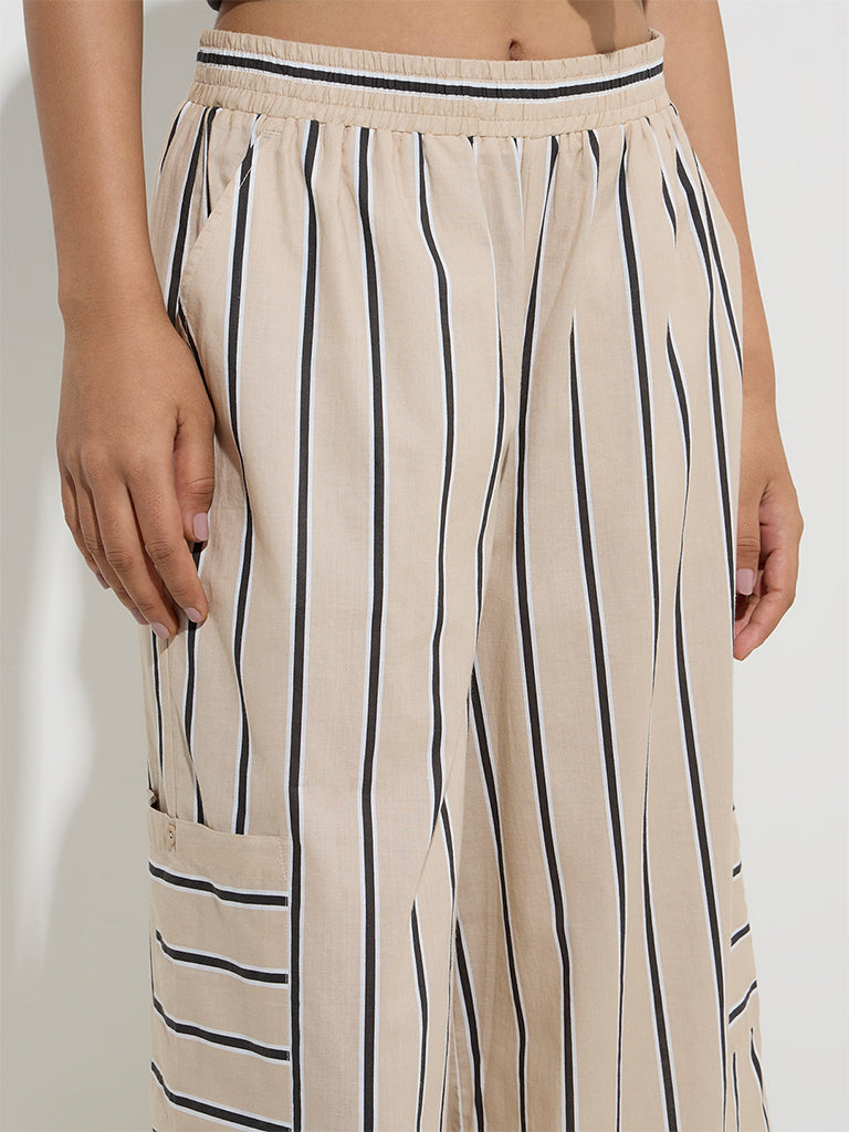 Wunderlove Beige Stripe Patterns Flared Cotton Lounge Pants
