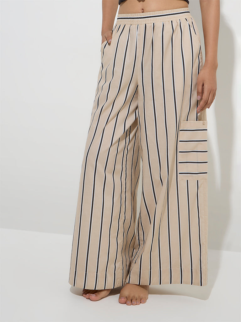 Wunderlove Beige Stripe Patterns Flared Cotton Lounge Pants