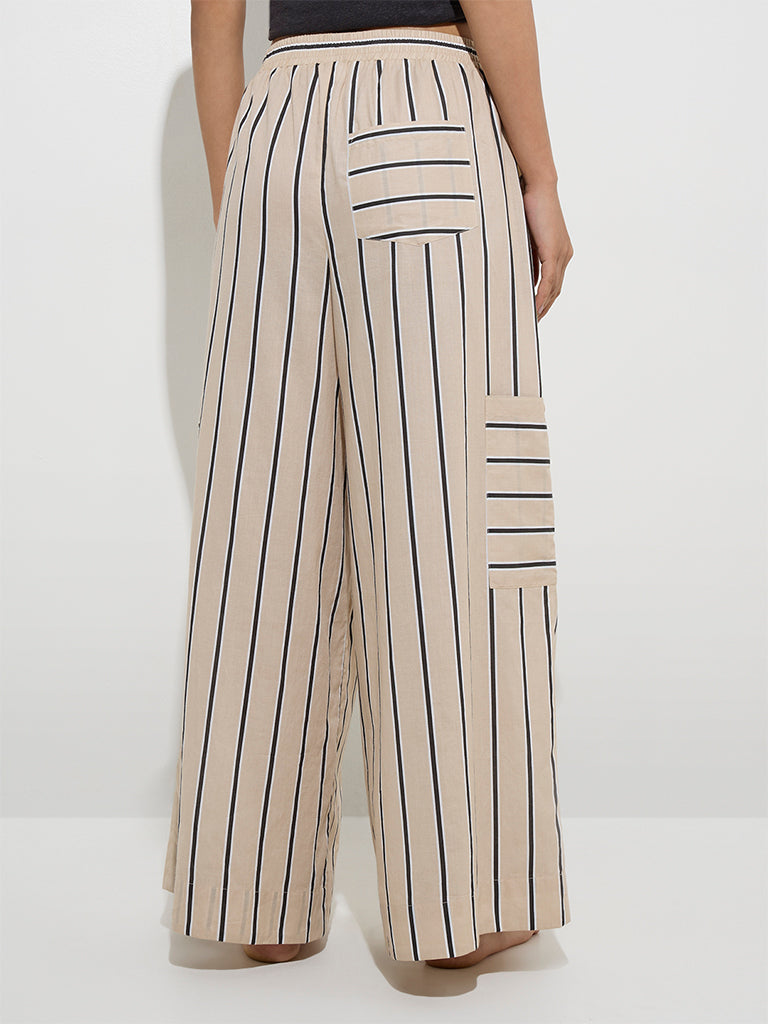 Wunderlove Beige Stripe Patterns Flared Cotton Lounge Pants