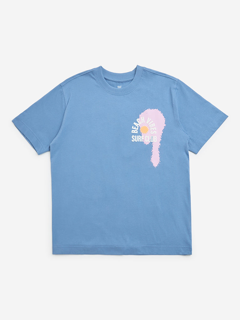 Y&F Kids Dusty Blue Printed Cotton T-Shirt