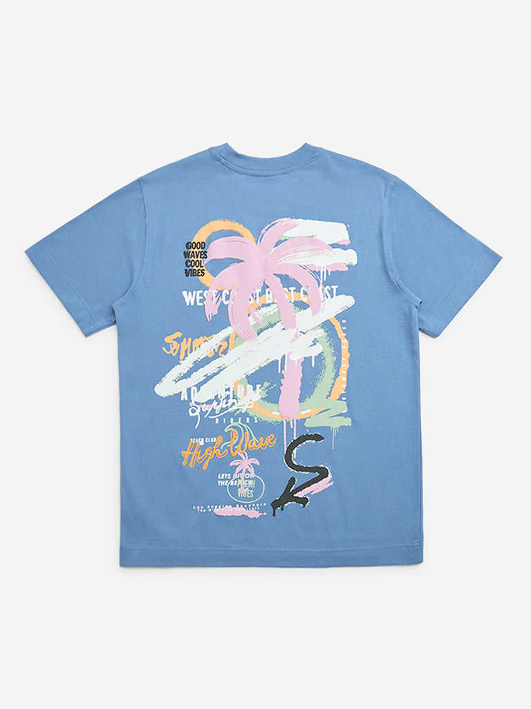 Y&F Kids Dusty Blue Printed Cotton T-Shirt