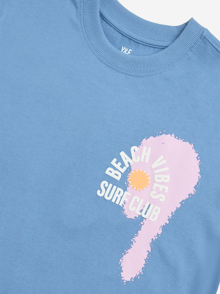 Y&F Kids Dusty Blue Printed Cotton T-Shirt