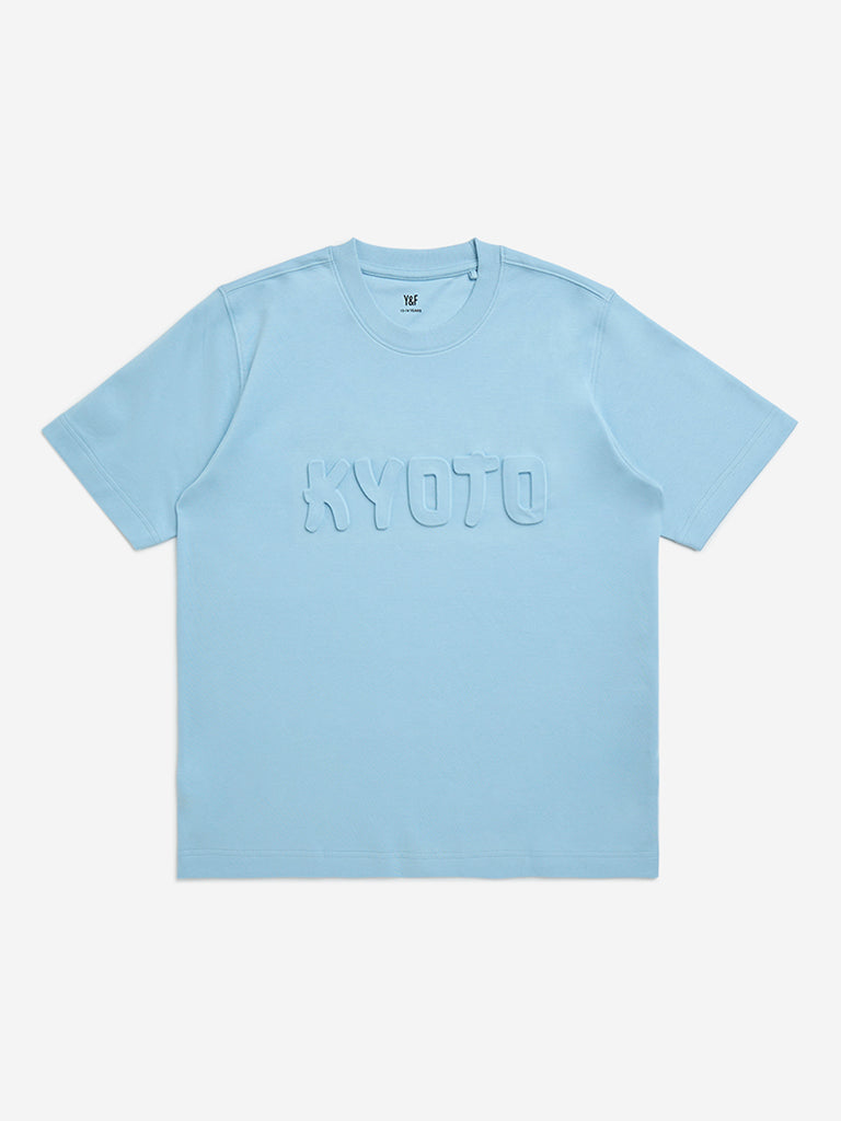 Y&F Kids Blue Text Embossed Cotton T-Shirt