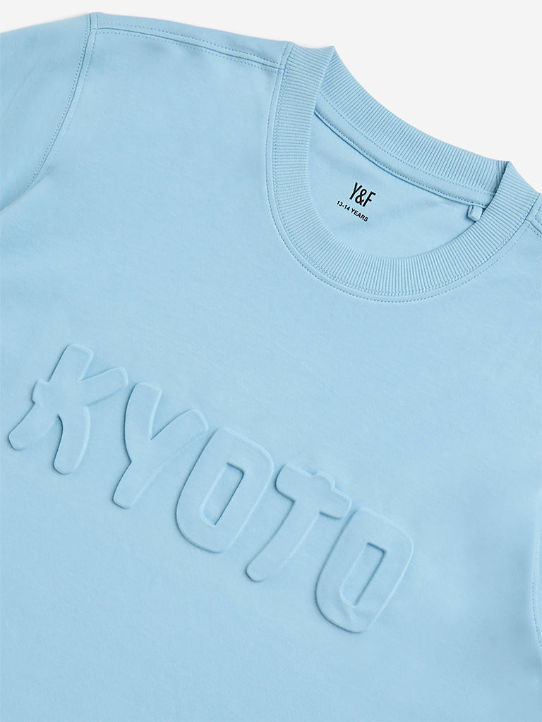Y&F Kids Blue Text Embossed Cotton T-Shirt