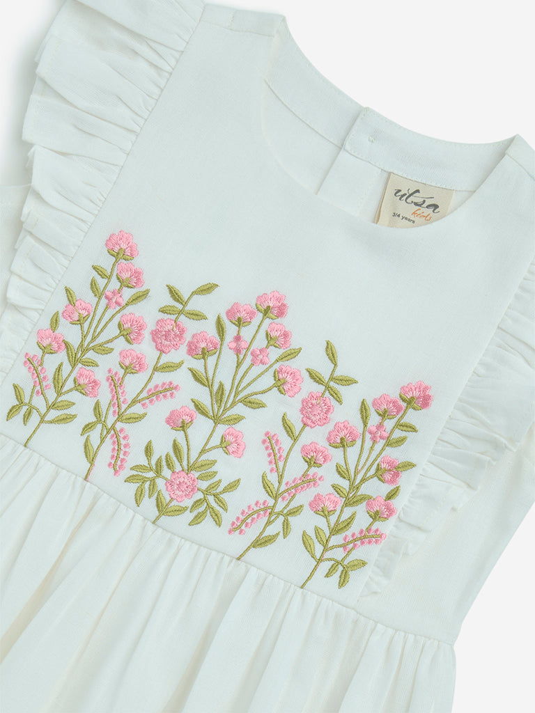 Westside Utsa Kids Girls' White Floral Embroidered Cotton-Blend A-Line Dress - (2-8yrs) for Ethnic Wear Zoom View