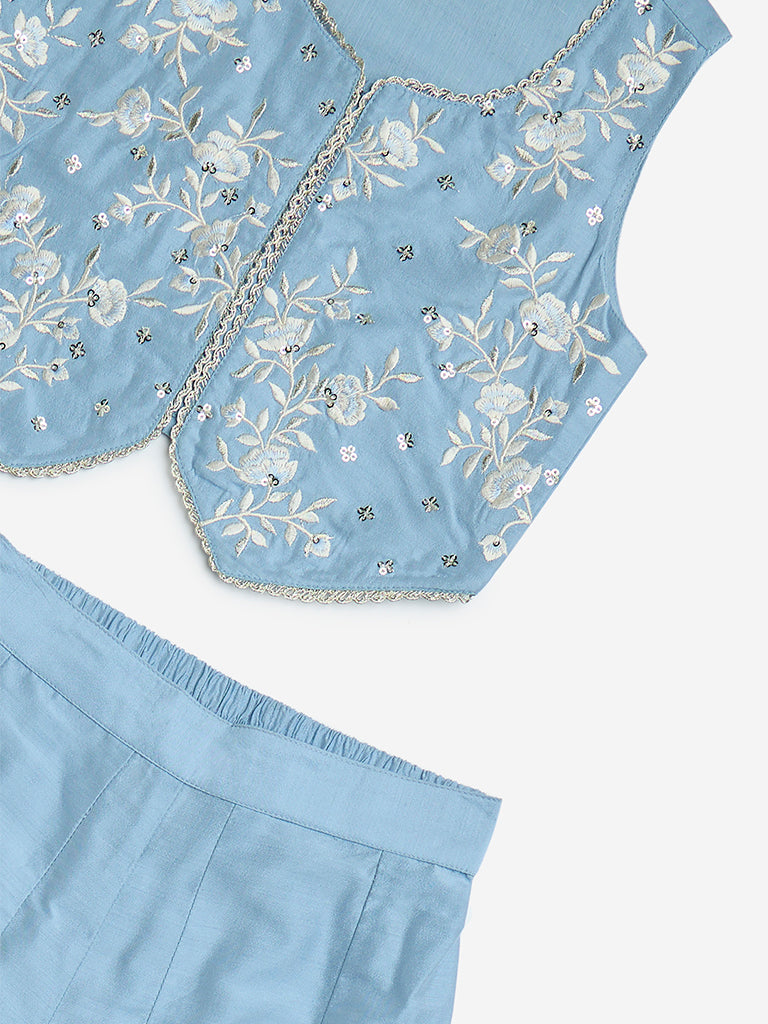 Westside Utsa Kids Dusty Blue Floral Waistcoat and Palazzos Set - (2-8yrs) for Ethnic Wear Zoomed View