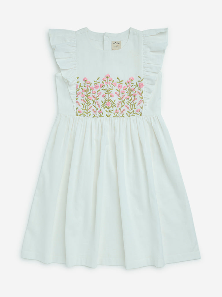 Utsa Kids White Embroidered A-Line Cotton-Blend Dress - (8-14yrs)