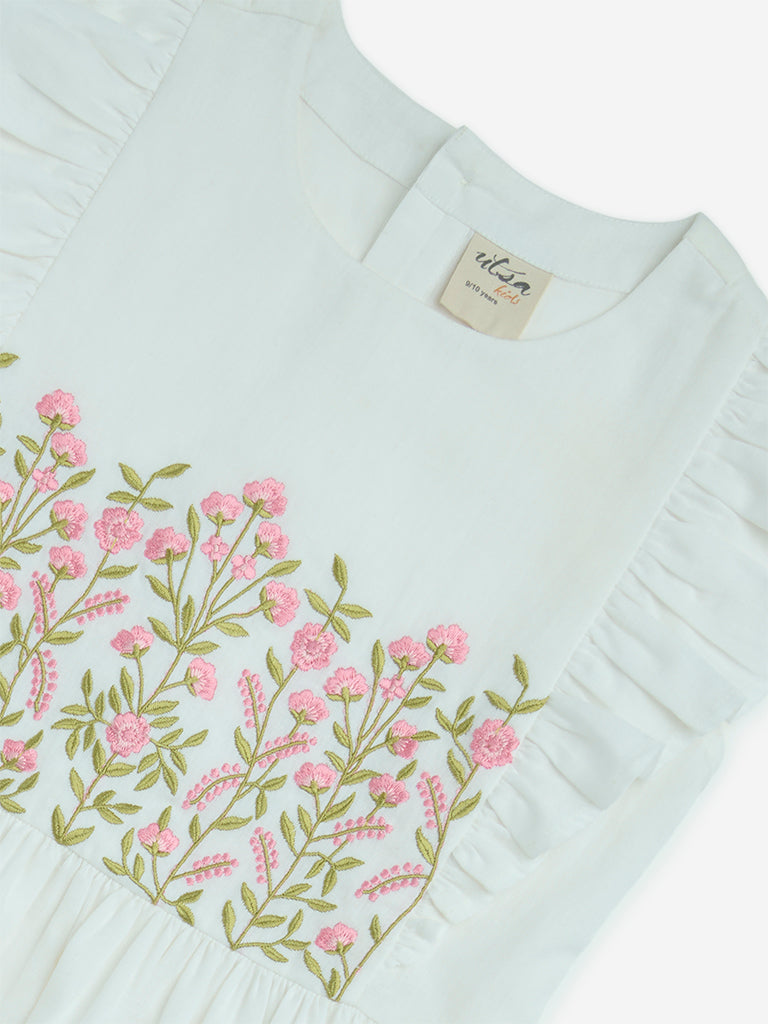 Utsa Kids White Embroidered A-Line Cotton-Blend Dress - (8-14yrs)