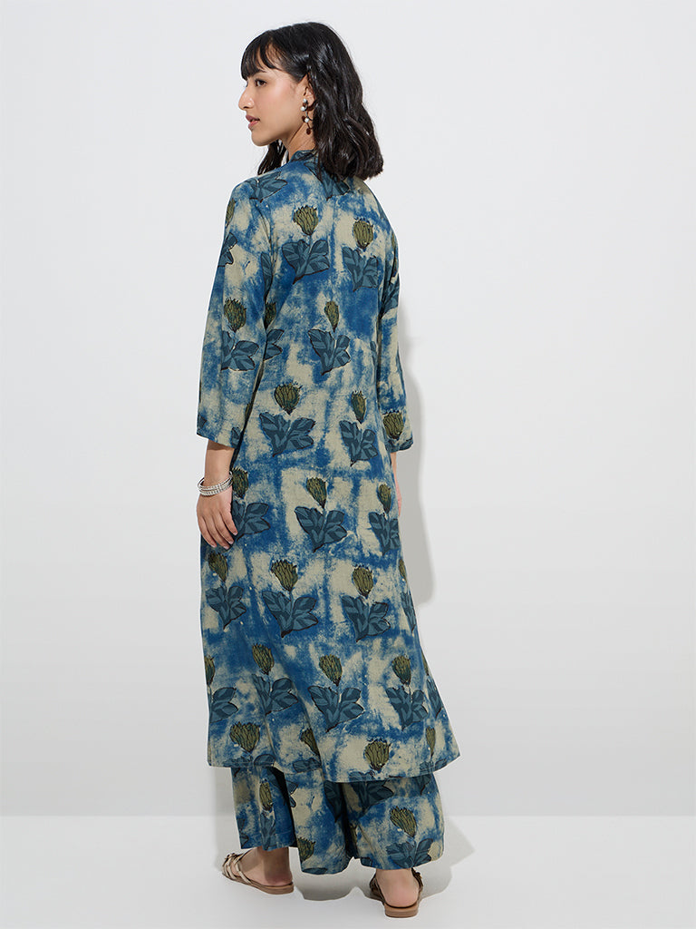 Westside Utsa Women's Blue Floral Patterned A-Line Kurta for Work Wear Back View