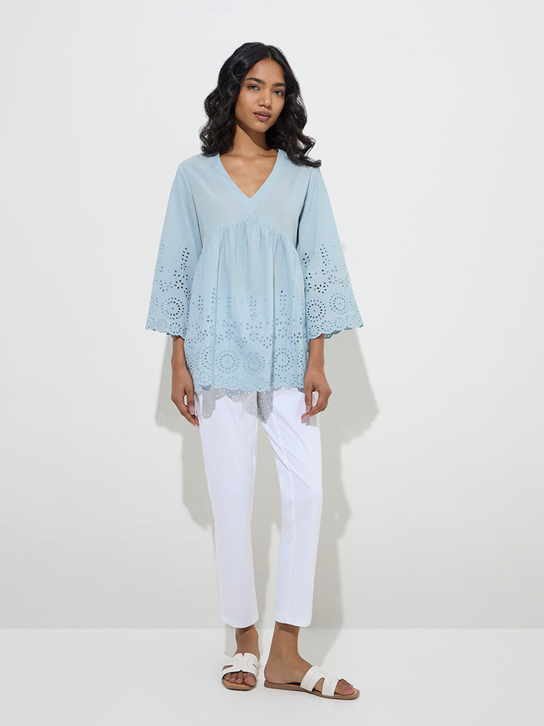 Westside Utsa Women's Blue Schiffli Detailed Cotton Kurti for Work Wear Full Model View
