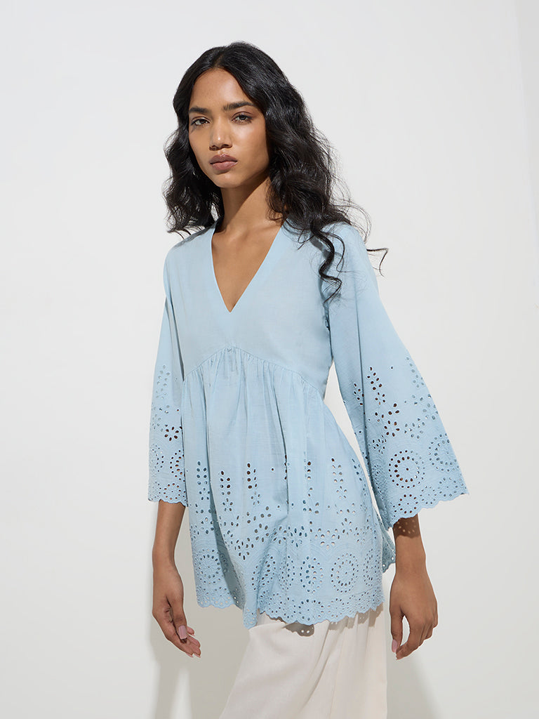 Westside Utsa Women's Blue Schiffli Detailed Cotton Kurti for Work Wear Front View