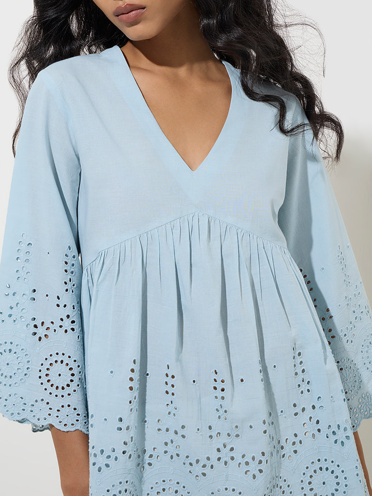 Westside Utsa Women's Blue Schiffli Detailed Cotton Kurti for Work Wear Zoom View