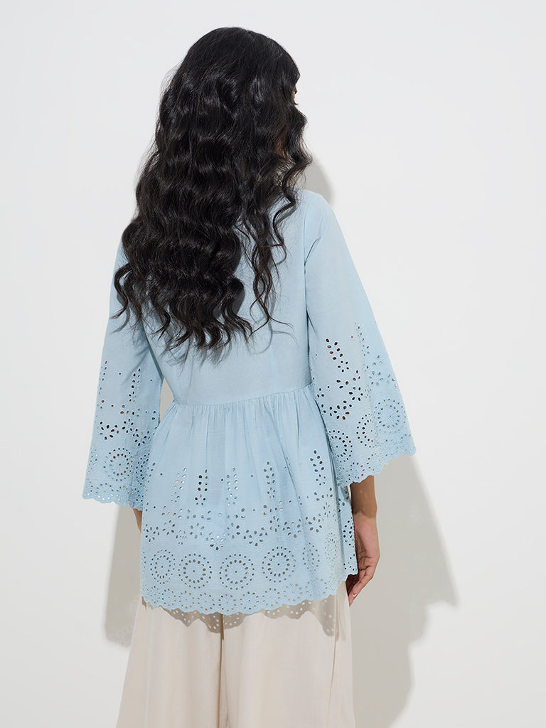 Westside Utsa Women's Blue Schiffli Detailed Cotton Kurti for Work Wear Back View