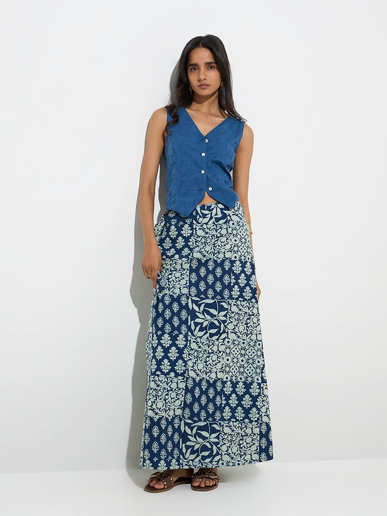 Utsa Indigo Embroidered Cotton Top