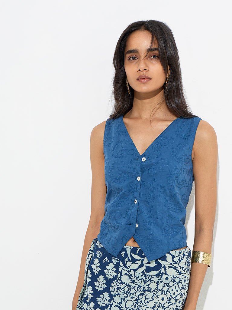 Utsa Indigo Embroidered Cotton Top