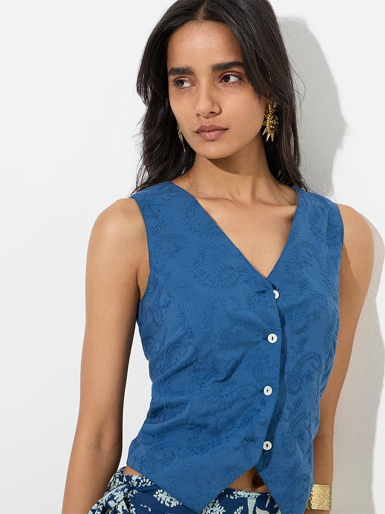 Utsa Indigo Embroidered Cotton Top