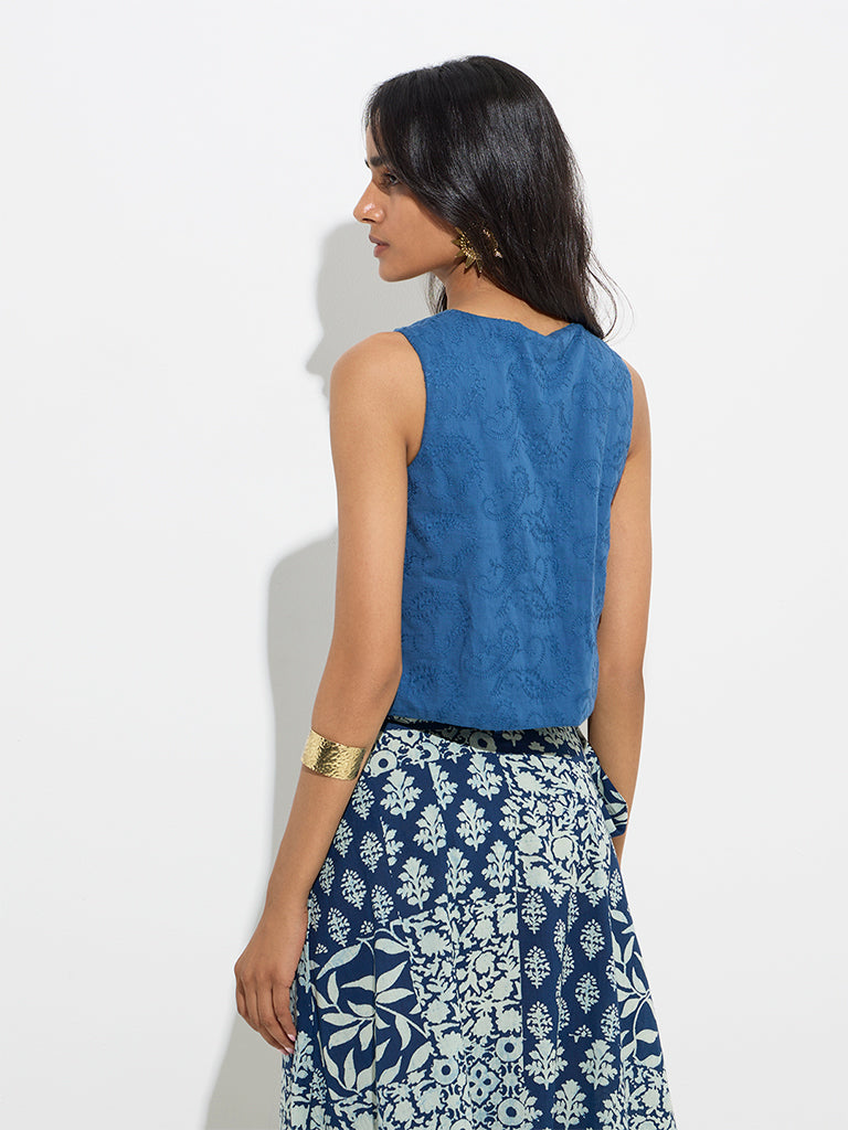 Westside Utsa Women's Indigo Embroidered Cotton Top for Work Wear Back View