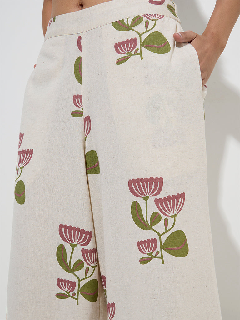 Westside Utsa Women's Off-White Floral Design Cotton-Blend Palazzos for Everyday Zoom View