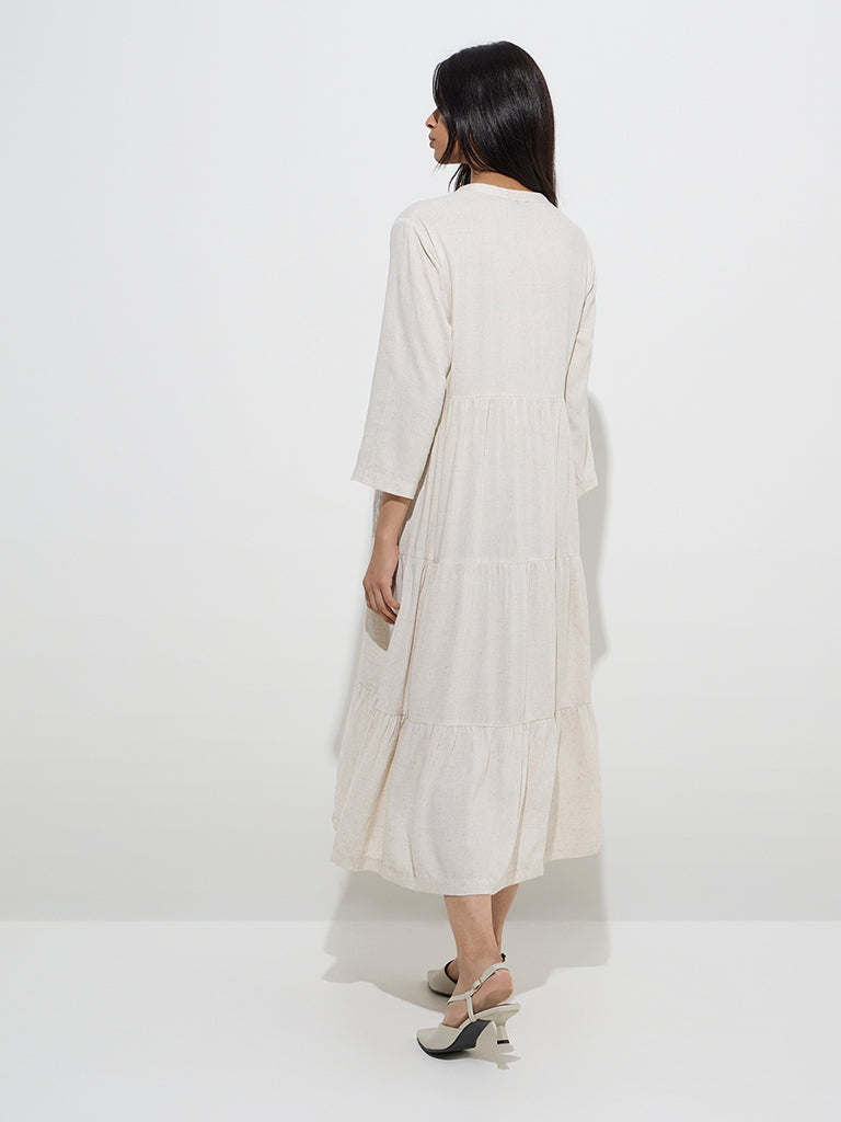 Westside Zuba Women's Beige Solid Linen-Blend Tiered Dress for Work Wear Back View