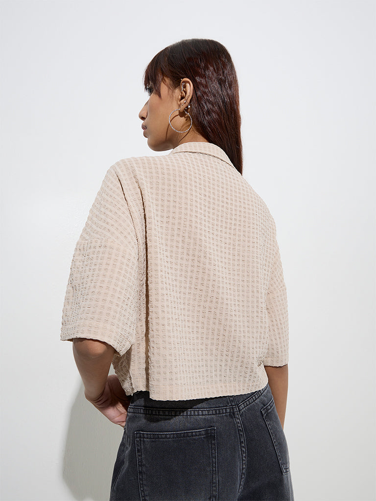 Westside Nuon Women's Beige Self-Textured Shirt for Casual Wear Back View