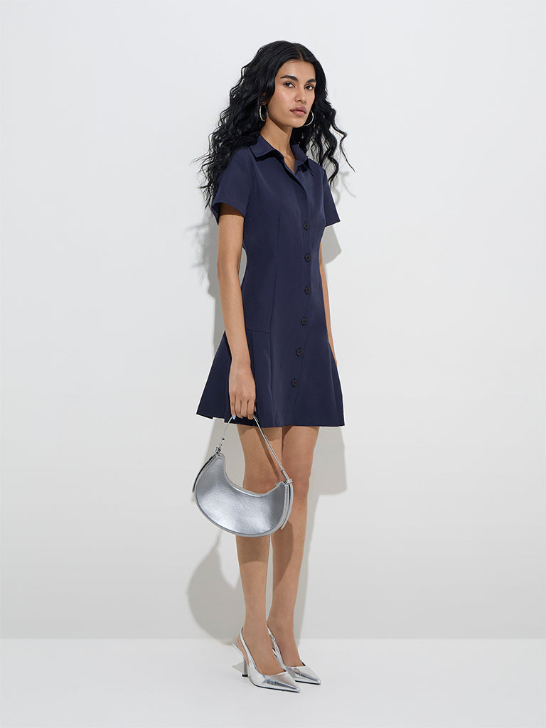 Westside Nuon Women's Navy Solid Drop-Waist Shirt Dress for Casual Wear Front View