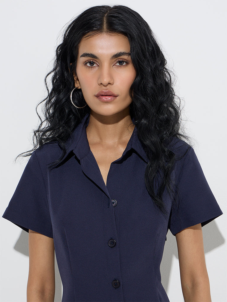 Westside Nuon Women's Navy Solid Drop-Waist Shirt Dress for Casual Wear Zoomed View