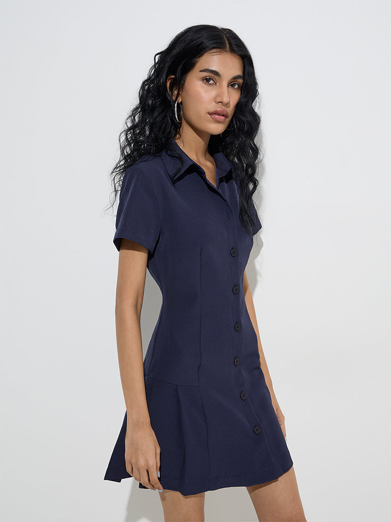 Westside Nuon Women's Navy Solid Drop-Waist Shirt Dress for Casual Wear Front View
