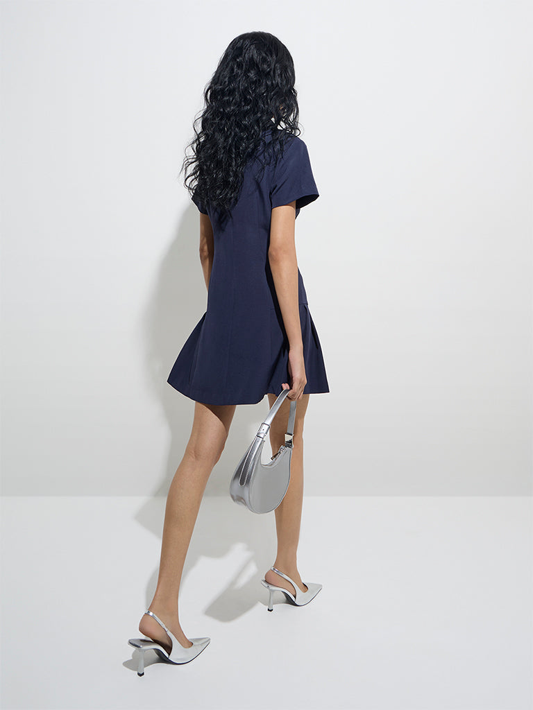 Westside Nuon Women's Navy Solid Drop-Waist Shirt Dress for Casual Wear Back View