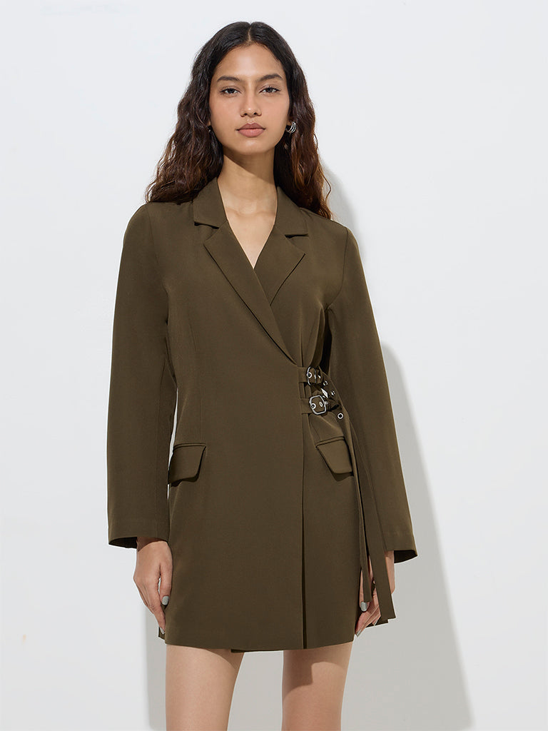 Nuon Olive Solid A-Line Dress