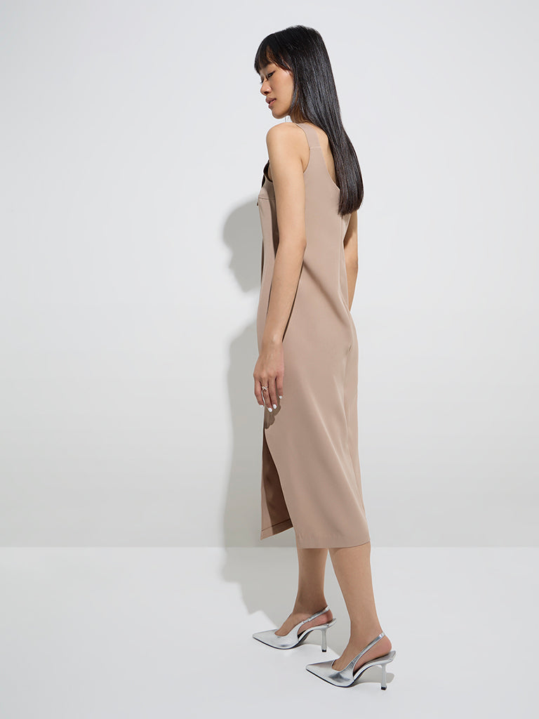 Westside Nuon Women's Beige Solid Shift Dress for Casual Wear Back View