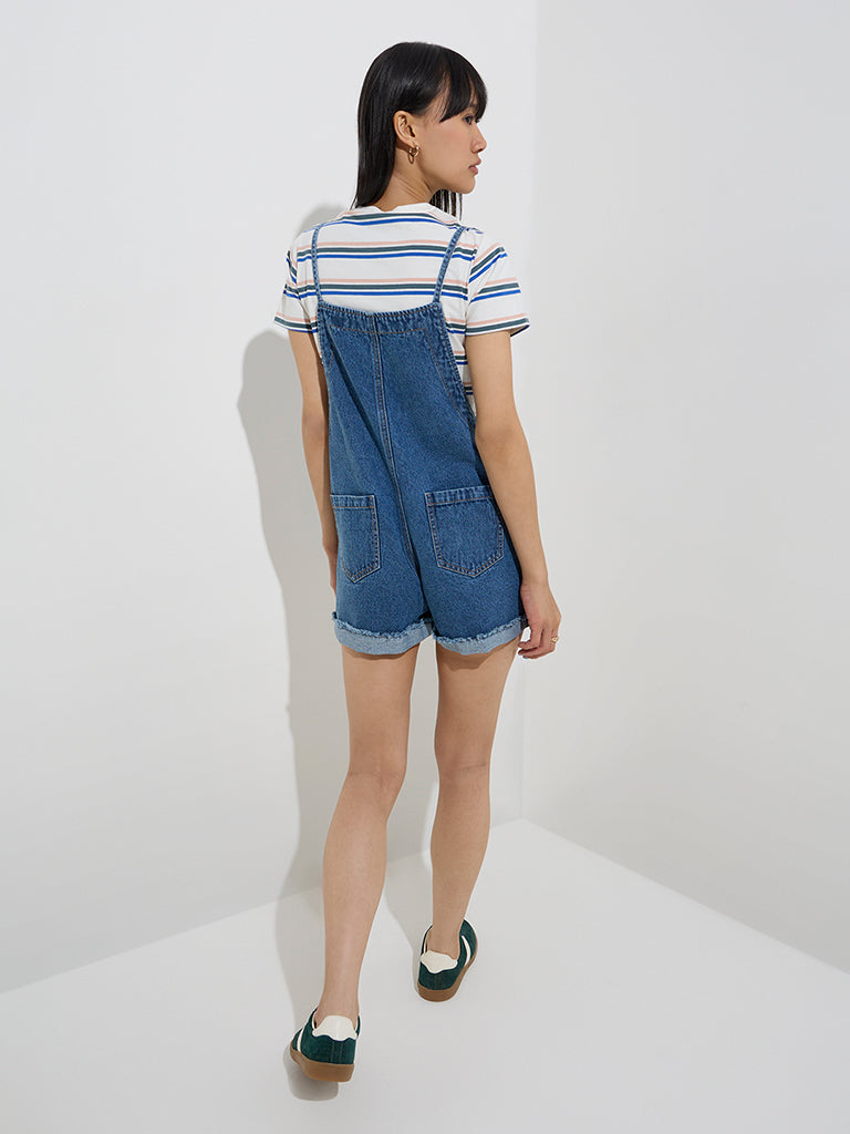 Westside Nuon Women's Blue Denim Dungaree for Casual Wear Back View