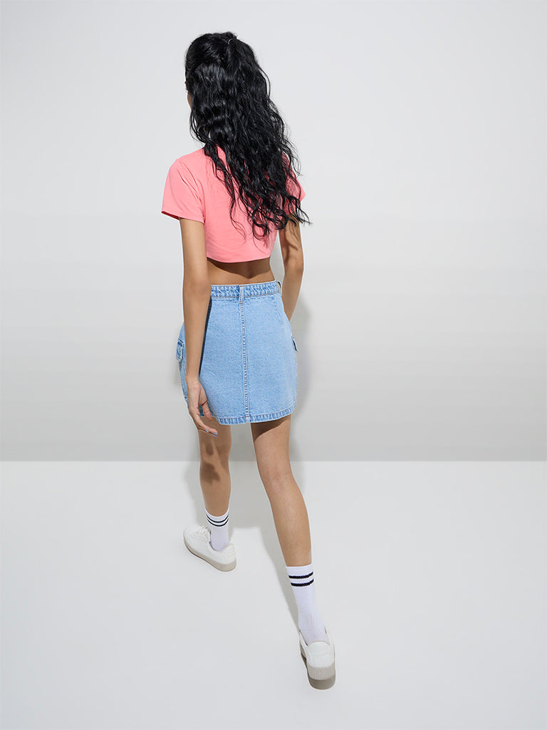 Westside Nuon Women's Light Blue High-Rise Denim Skirt for Casual Wear Back View