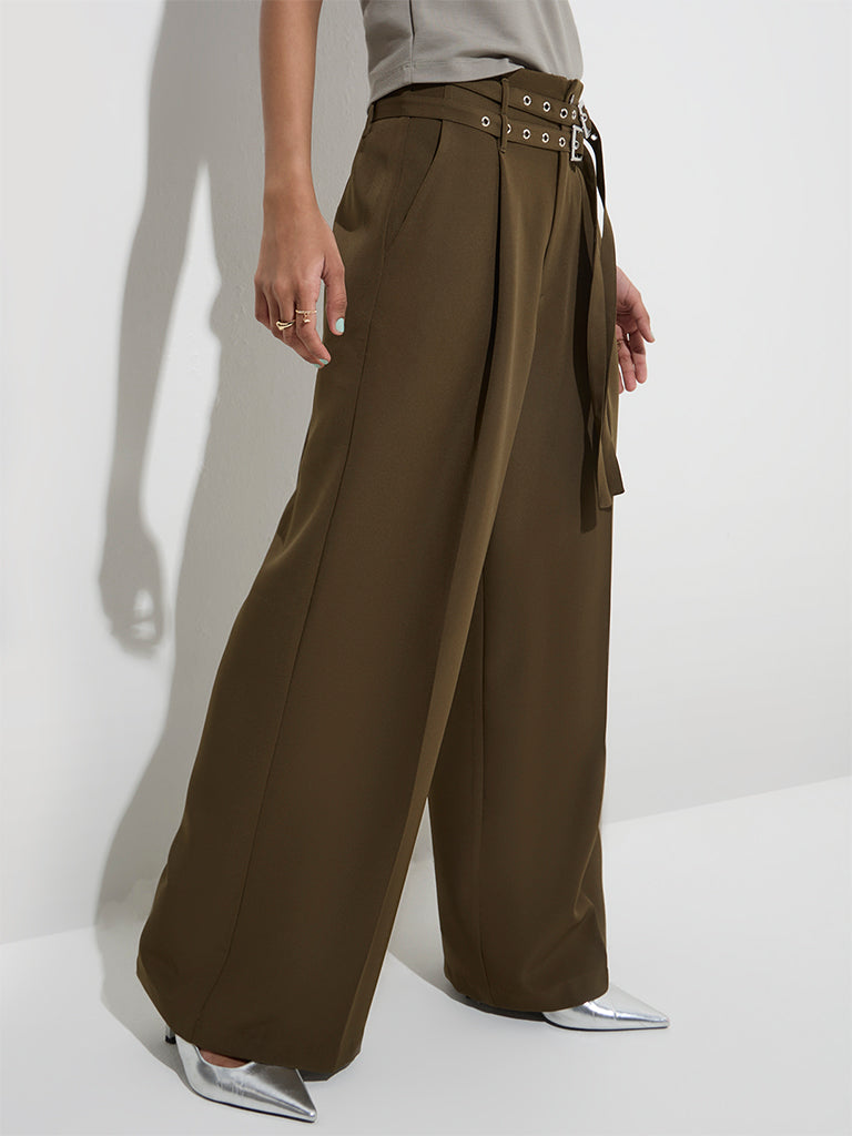 Nuon Olive Wide Leg-Fit High-Rise Trousers with Belt