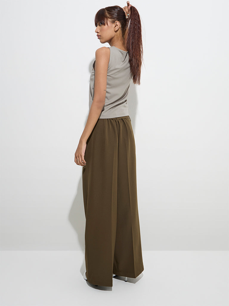 Westside Nuon Women's Olive Wide Leg-Fit High-Rise Trousers with Belt for Casual Wear Back View