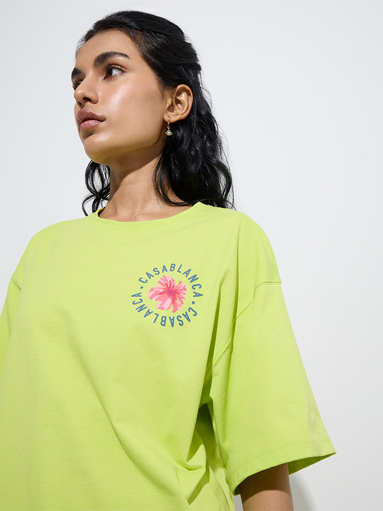 Nuon Lime Printed Cotton T-Shirt