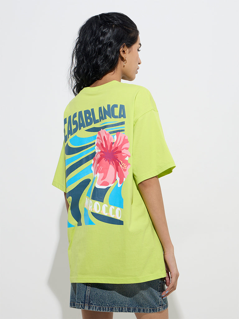 Nuon Lime Printed Cotton T-Shirt