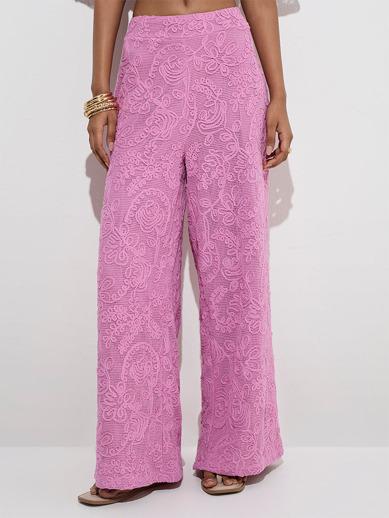 LOV Pink Floral Lace Detailed High-Rise Cotton Trousers