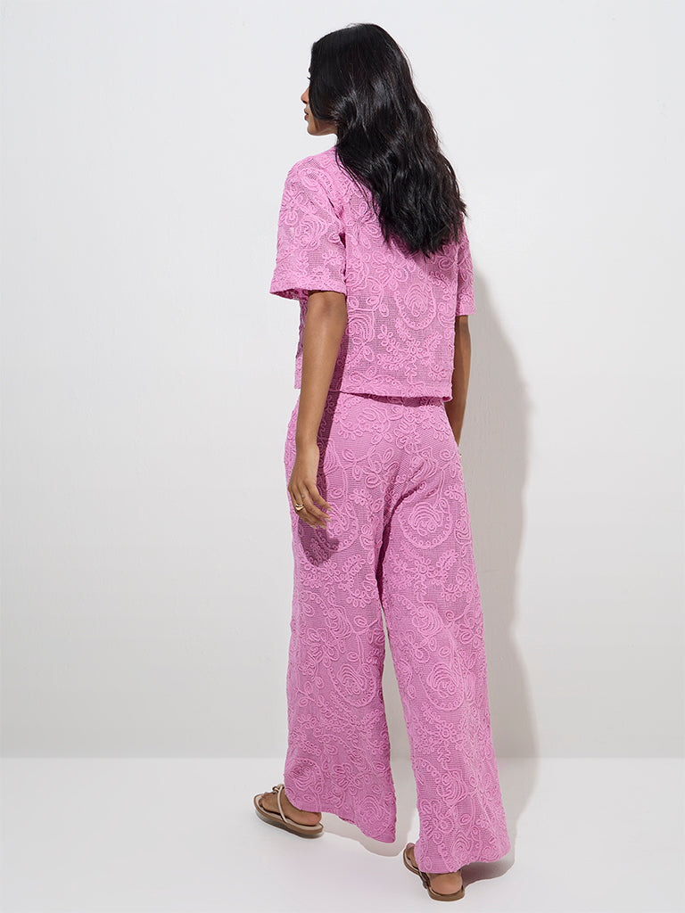 LOV Pink Floral Lace Detailed High-Rise Cotton Trousers