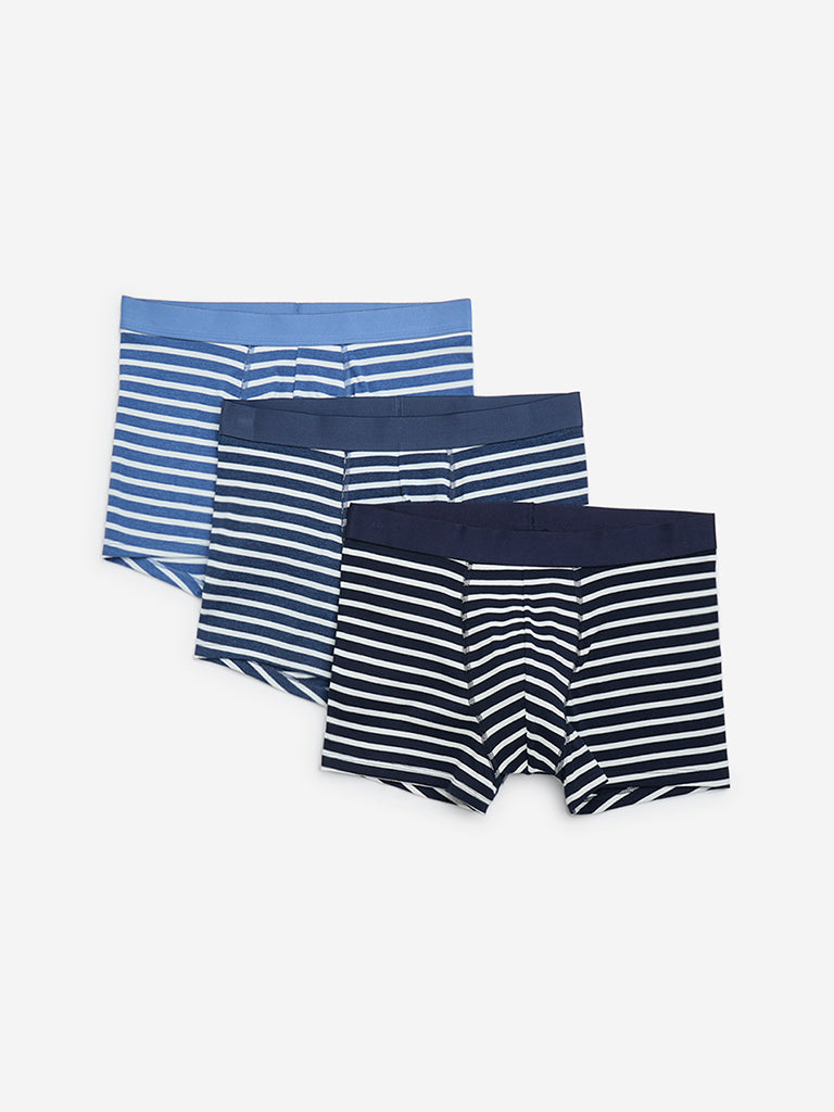 Westside WES Lounge Men's Navy Striped Cotton-Blend Trunks- Pack of 3 for Casual Wear Pack View