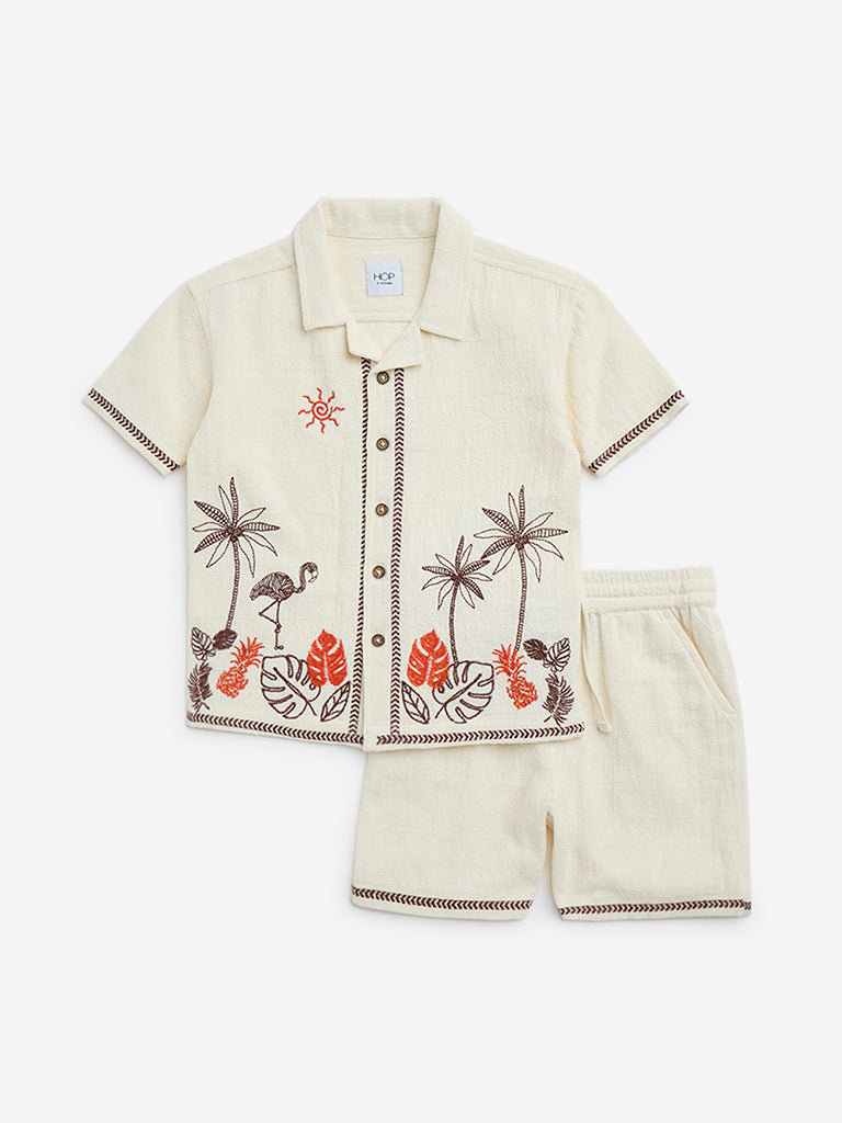 HOP Kids White Cotton Shirt with Shorts Set