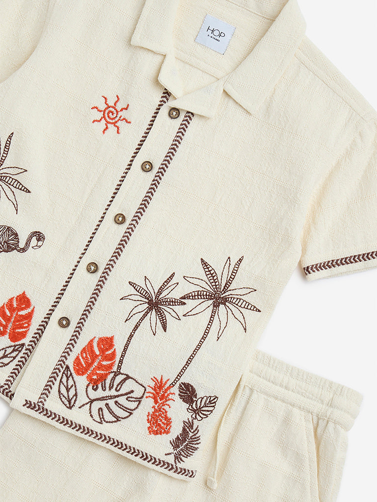 HOP Kids White Cotton Shirt with Shorts Set