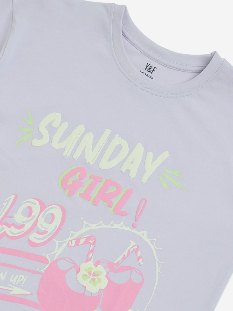 Westside Y&F Girls' Kids Lilac Text Design Cotton T-Shirt for Casual Wear Zoom View