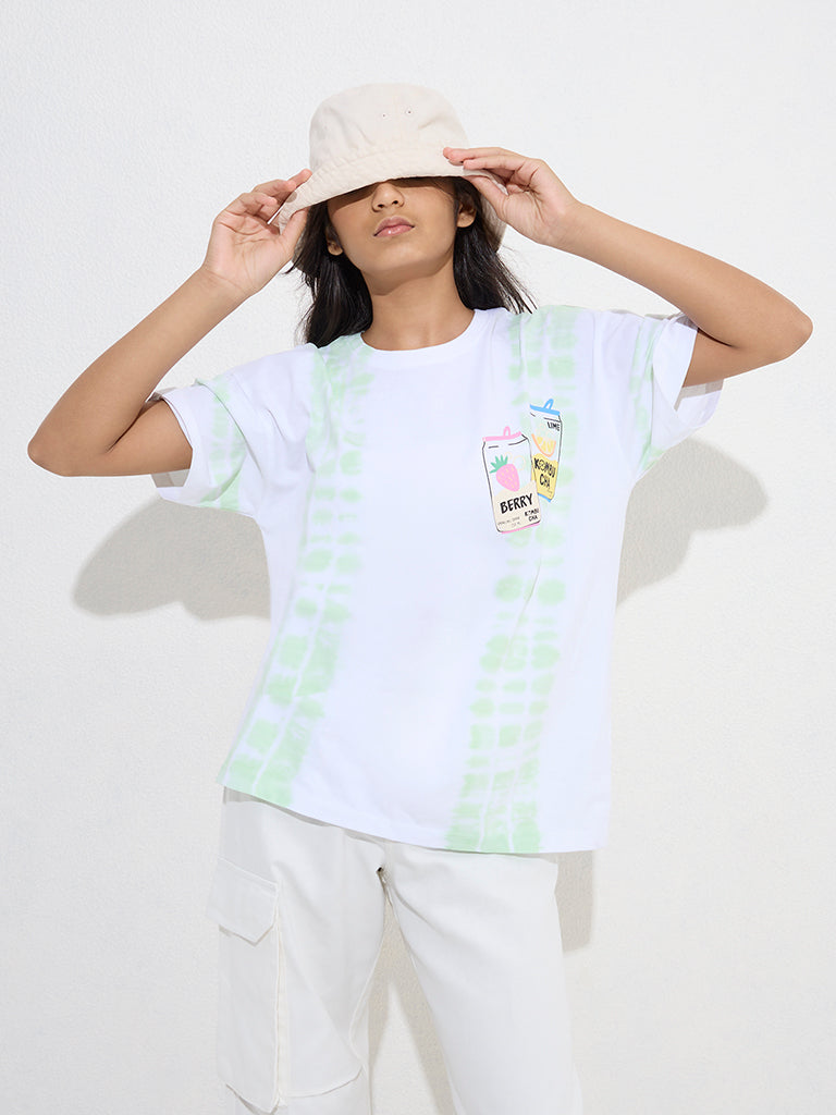 Westside Y&F Girls' Kids Lime Tie-Dye Printed Cotton T-Shirt for Casual Wear Model Front View