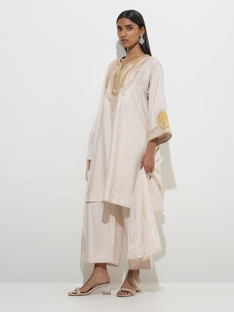 Vark Beige A-Line Kurta, Palazzos and Dupatta Set