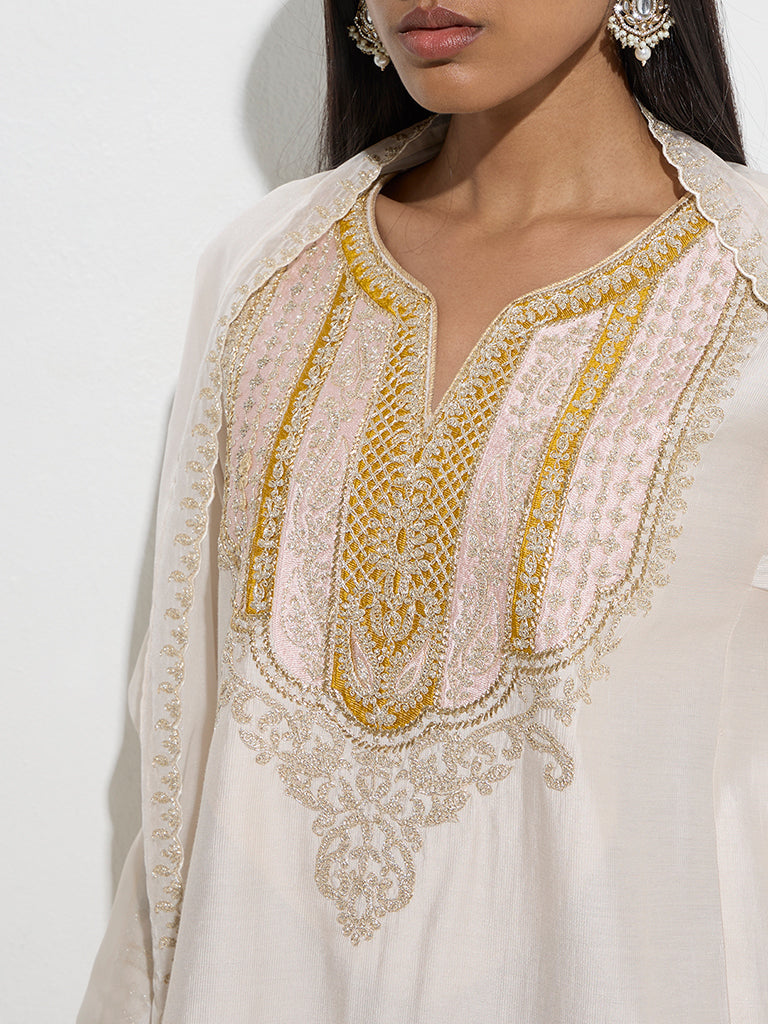 Vark Beige A-Line Kurta, Palazzos and Dupatta Set