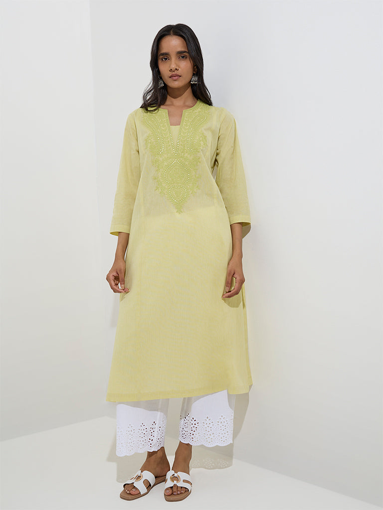 Utsa Lime Floral Embroidered Cotton A-Line Kurta