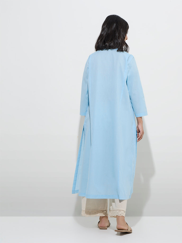Westside Utsa Women's Light Blue Floral Embroidered Cotton A-Line Kurta for Work Wear Back View